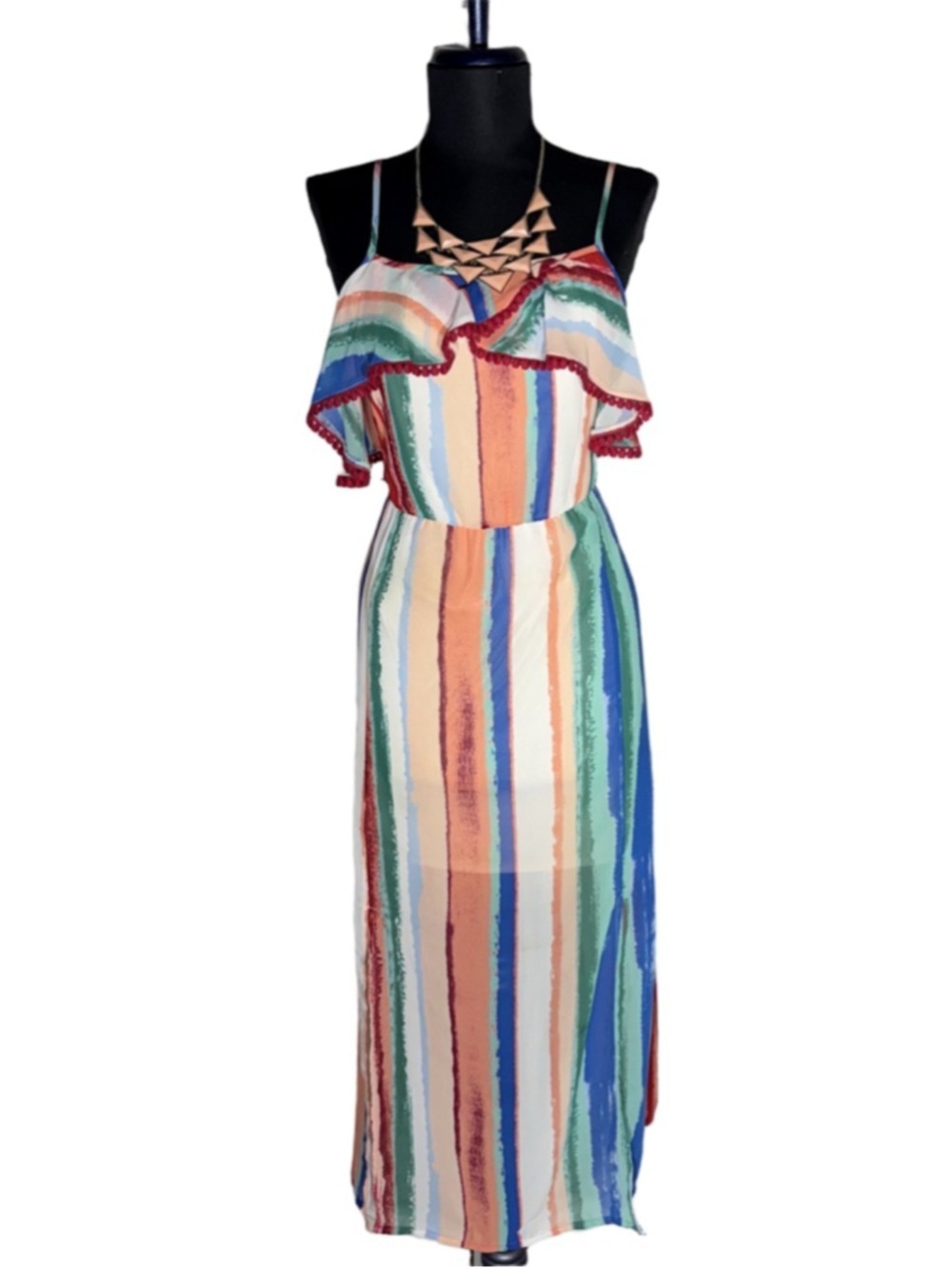 Vintage Y2K dress multicolor striped ruffled fringes boho festival grunge hippie